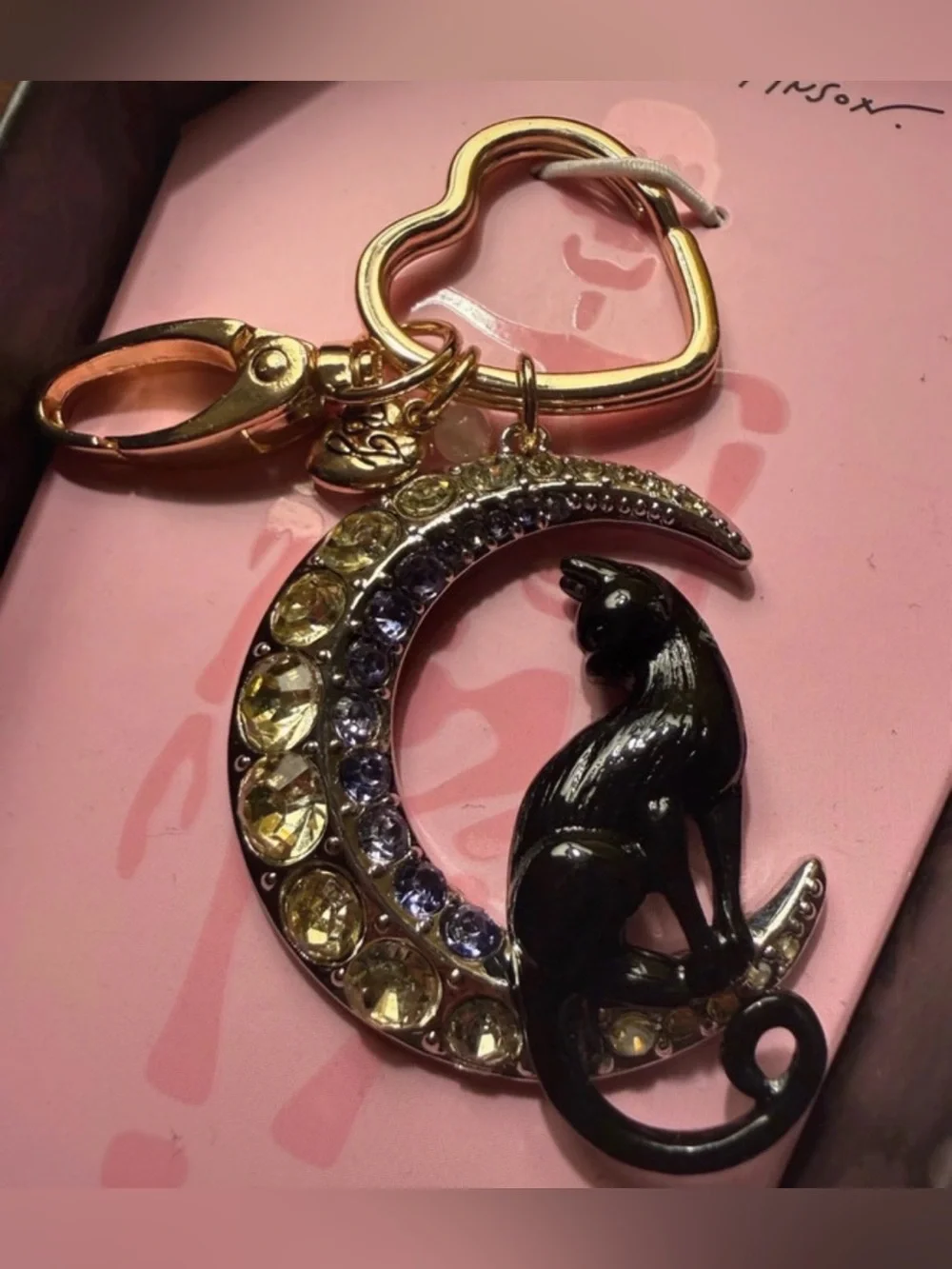 BETSEY JOHNSON Halloween Black Cat & Crystal-Studded Moon Bag Charm Keychain NWT